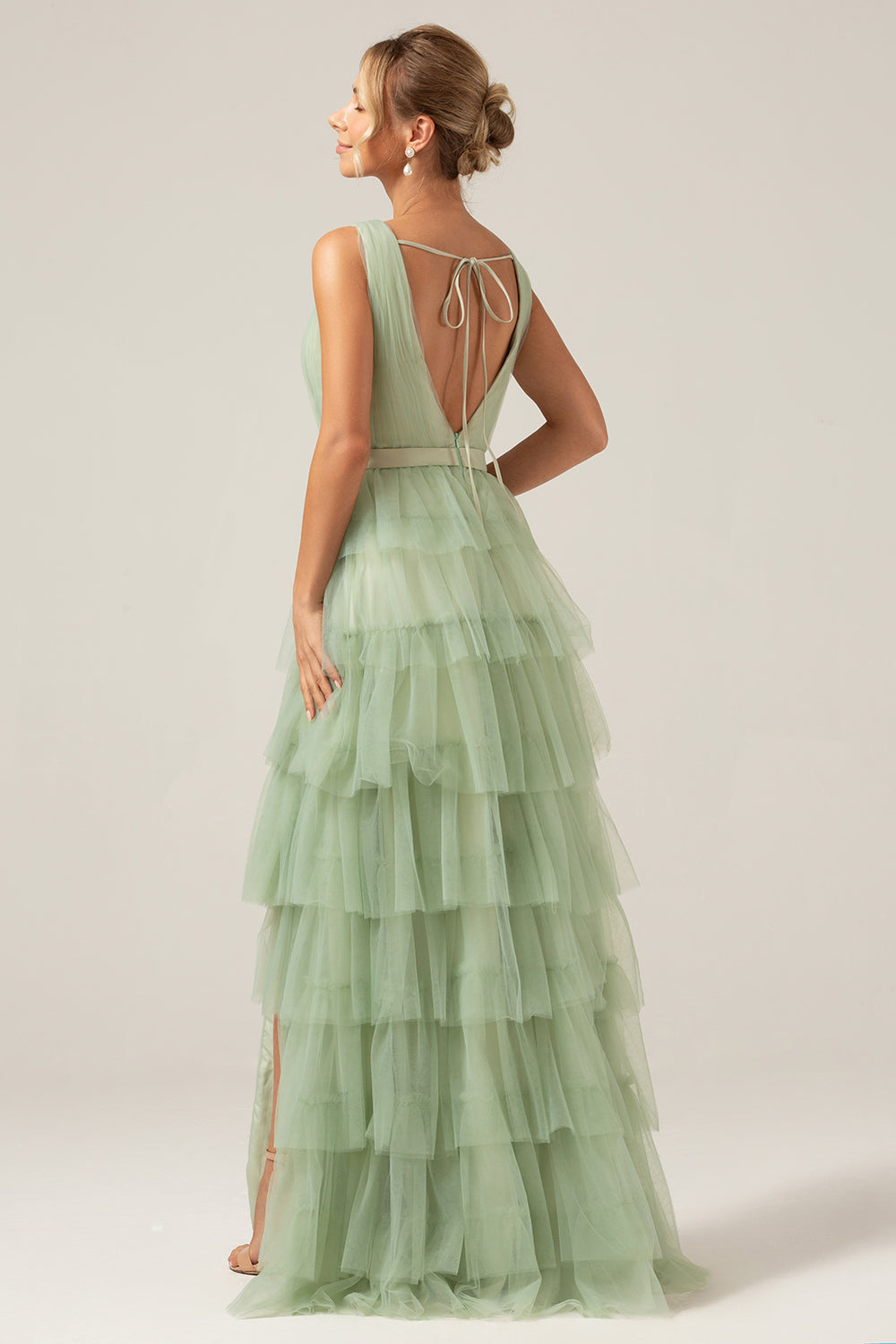 Green Tiered A Line V-Neck Tulle Long Prom Dress with Slit