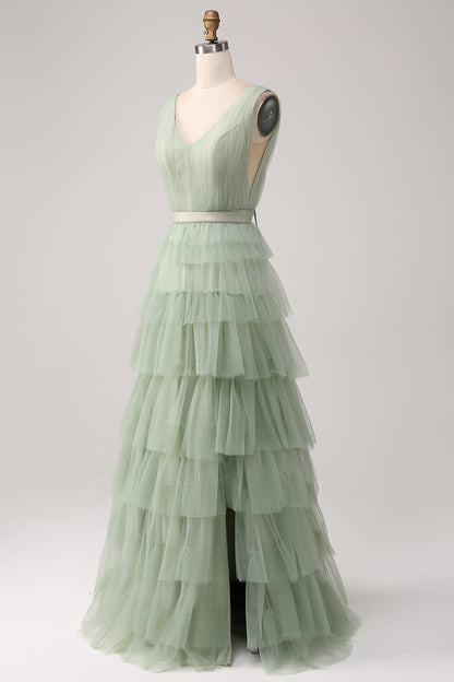 Pleated Tiered Green Prom Dress with Slit