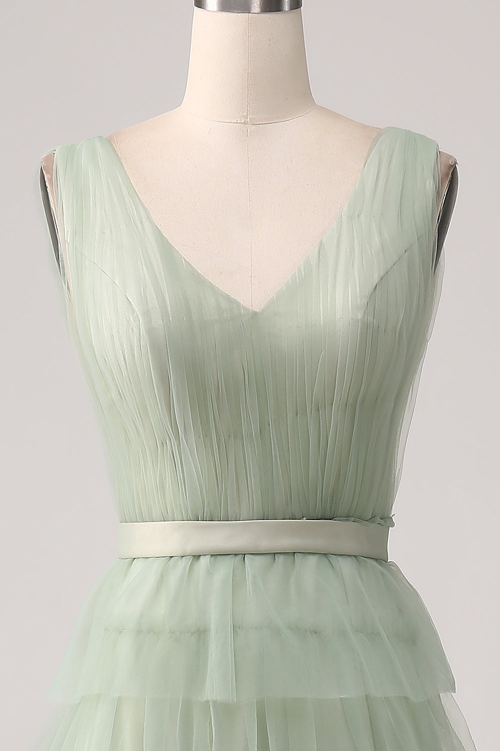 Pleated Tiered Green Prom Dress with Slit