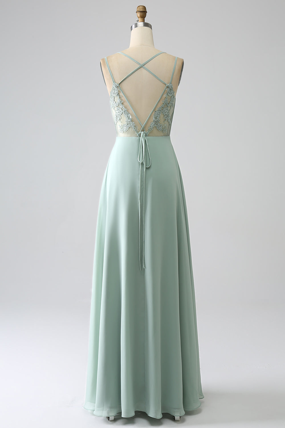 Matcha A-Line Spaghetti Straps Backless Pleated Long Bridesmaid Dress