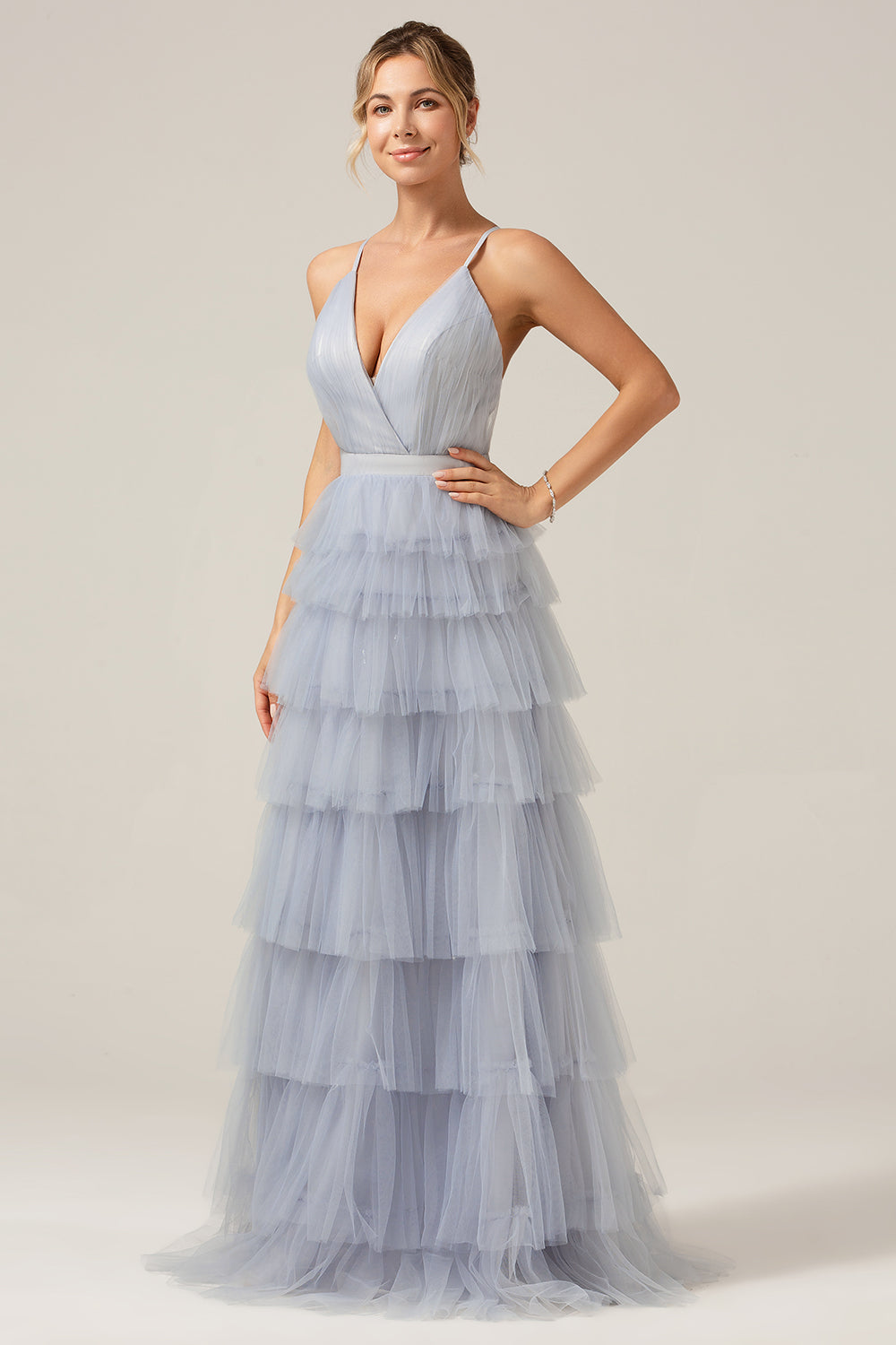 Grey Blue A Line Tiered Tulle Prom Dress