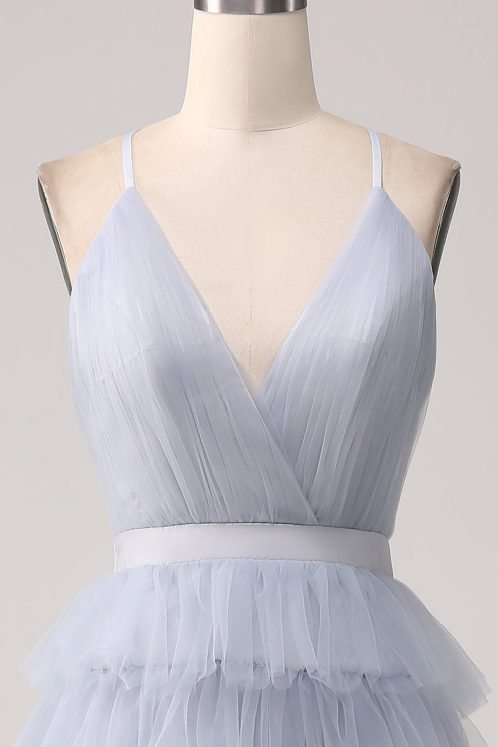 Grey Blue A Line Tiered Tulle Backless Long Prom Dress