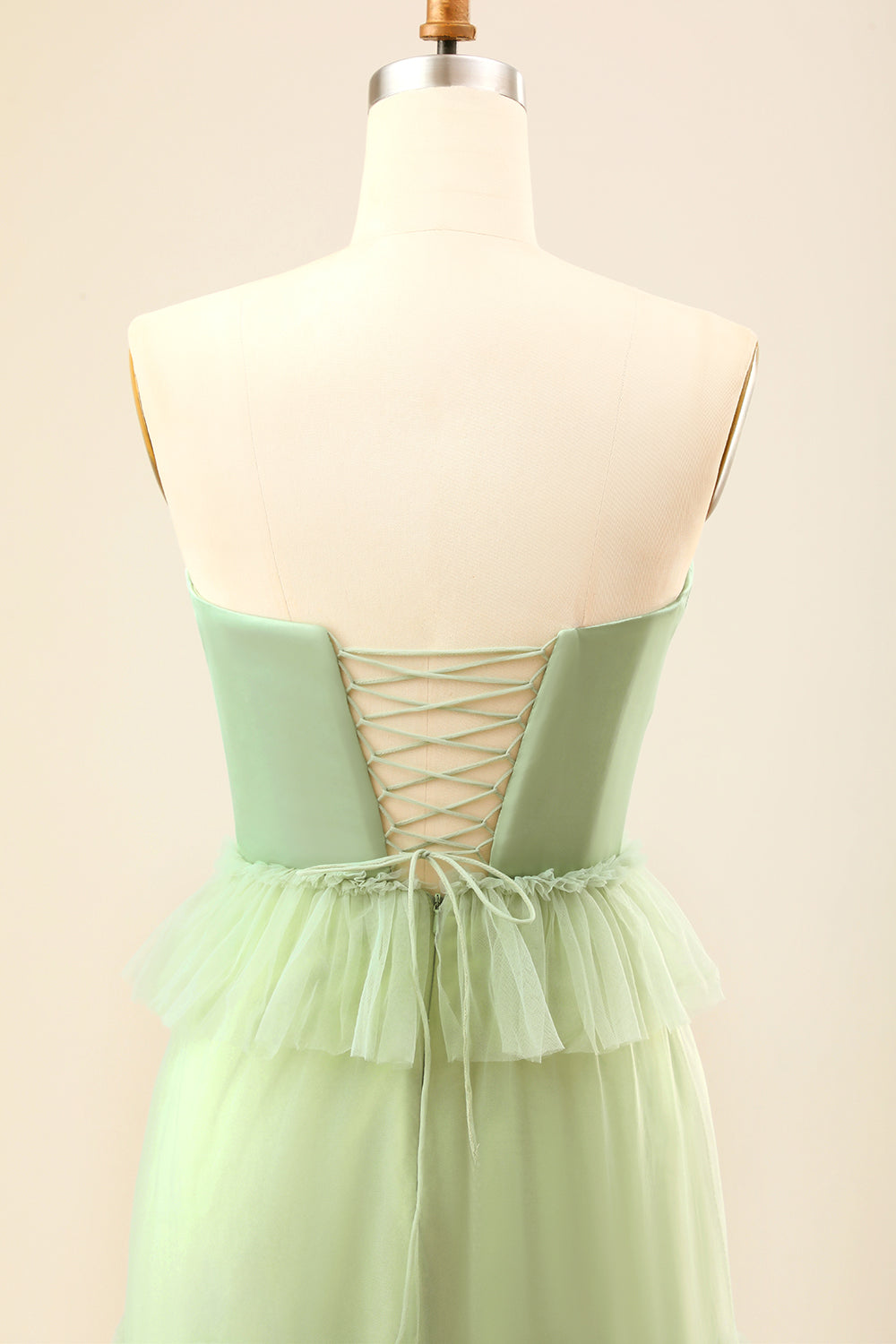 A-Line Strapless Matcha Tiered Long Bridesmaid Dress with Ruffles