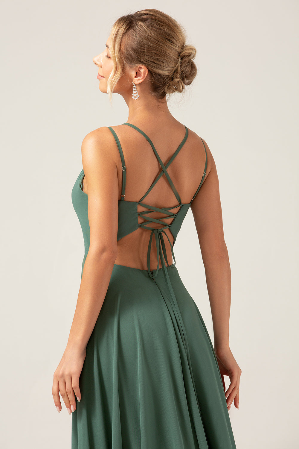 A-Line Spaghetti Straps Backless Pleated Eucalyptus Bridesmaid Dress