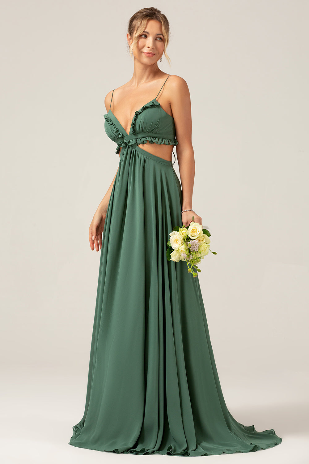 Eucalyptus Spaghetti Straps Hollow-out Long Bridesmaid Dress with Ruffles