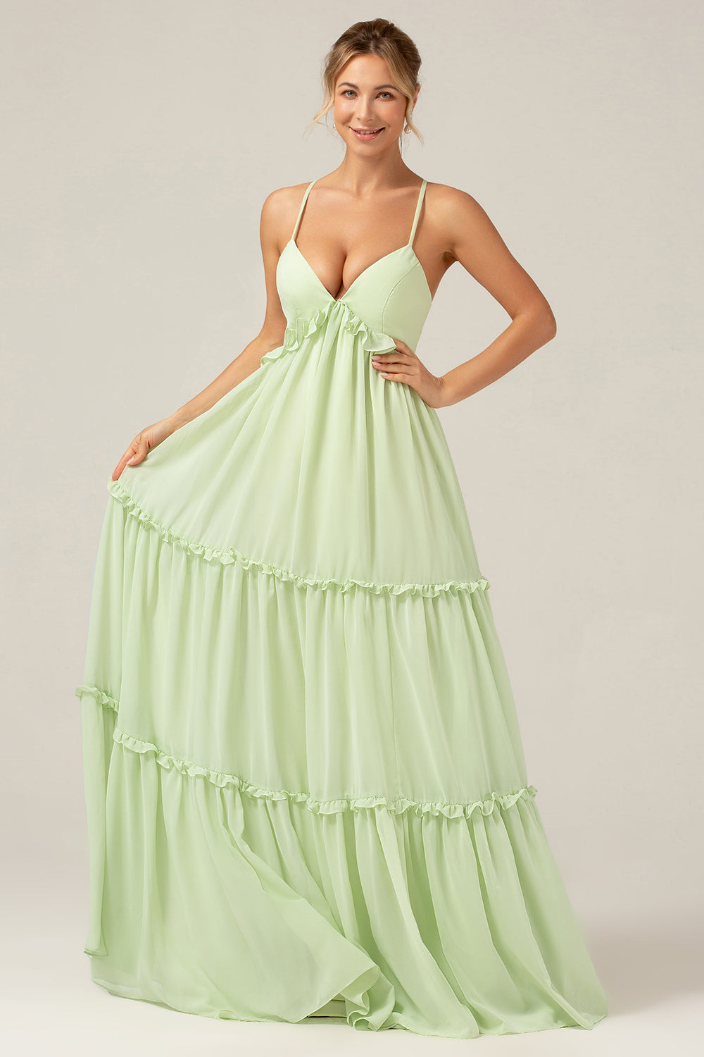 Green A Line Ruffles Long Maternity Bridesmaid Dress with Lace-up Back