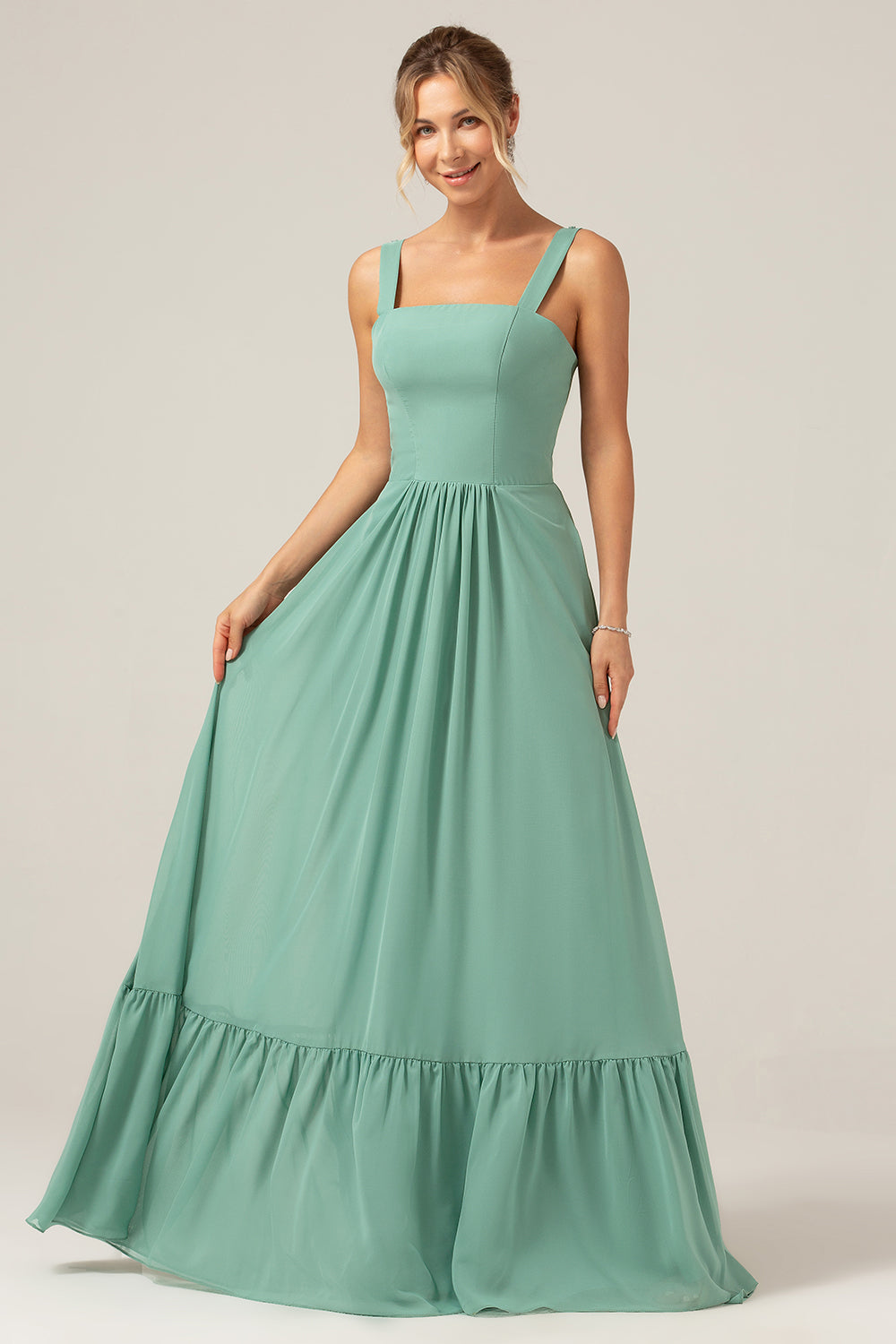 A Line Eucalyptus Chiffon Long Bridesmaid Dress with Pleated