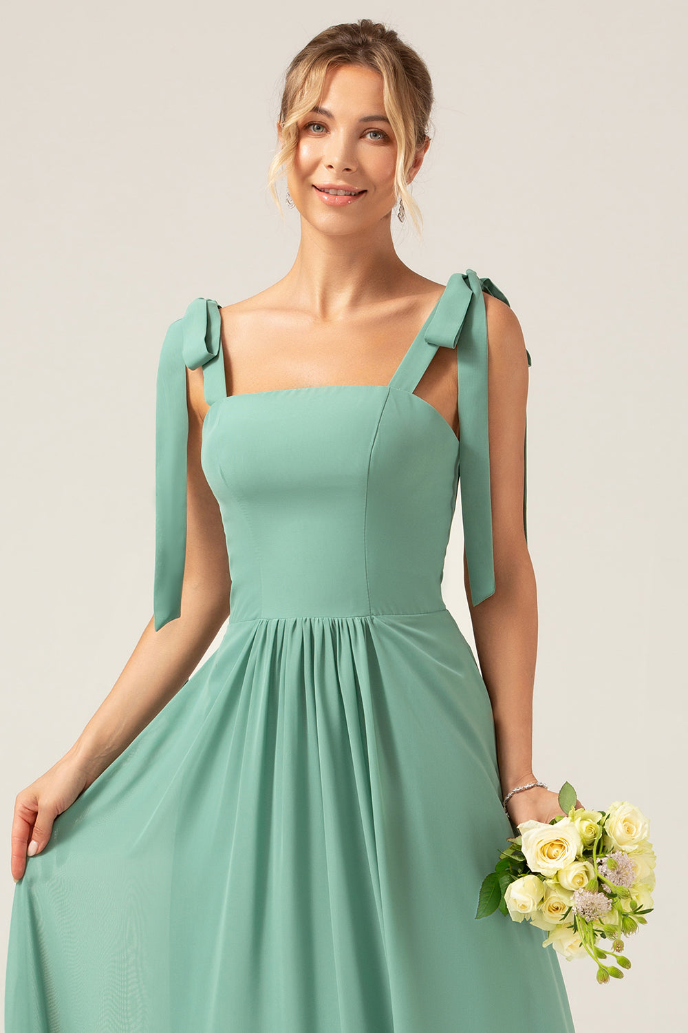 A Line Eucalyptus Chiffon Long Bridesmaid Dress with Pleated