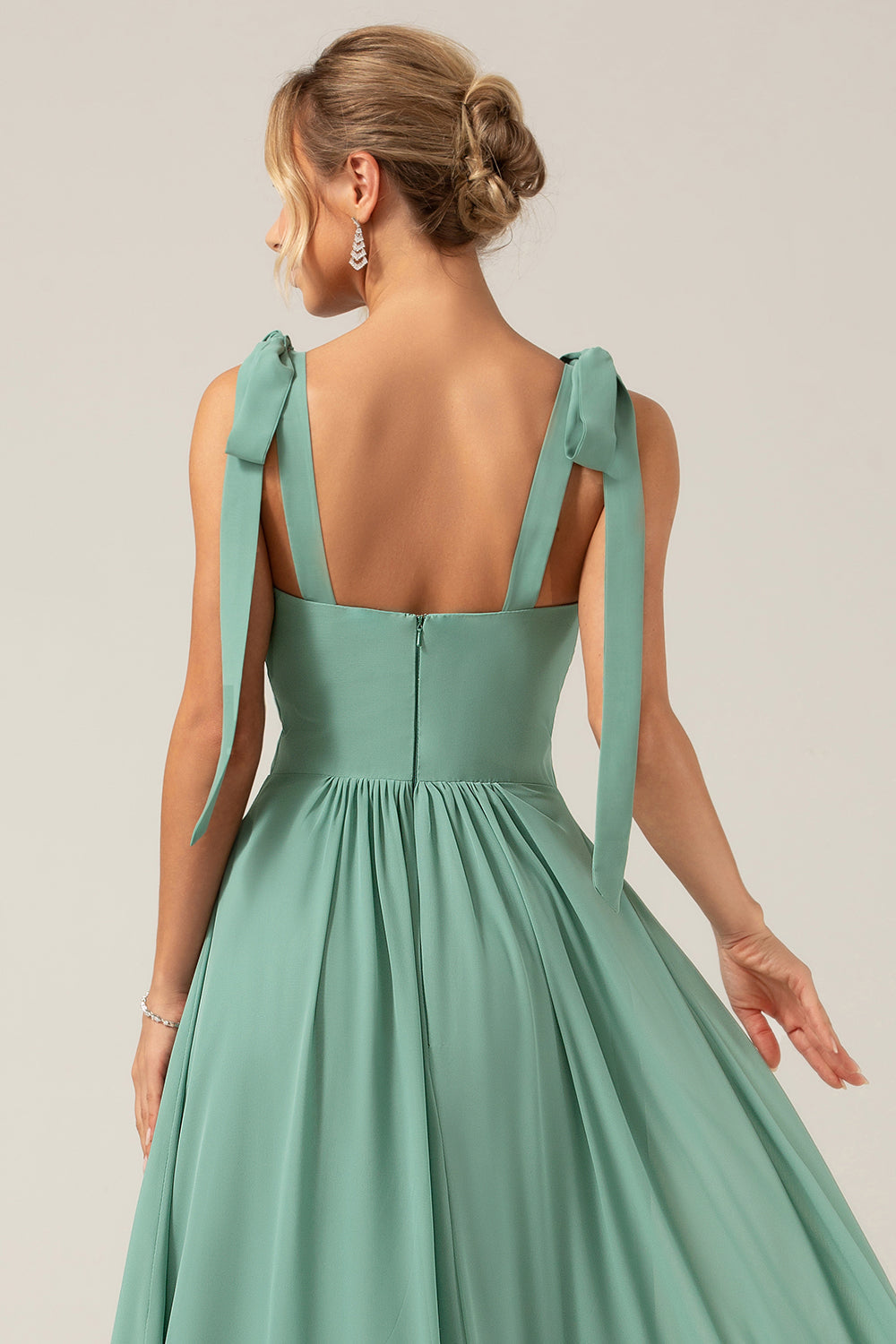 A Line Eucalyptus Chiffon Long Bridesmaid Dress with Pleated