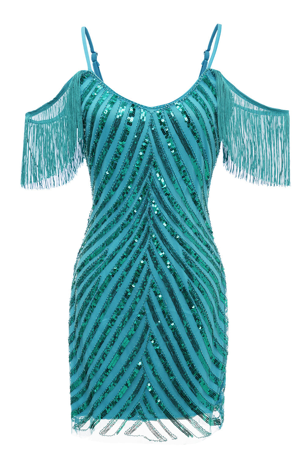 Sparkly Turquoise Tight Sequins Short Homecoming Dress with Fringes