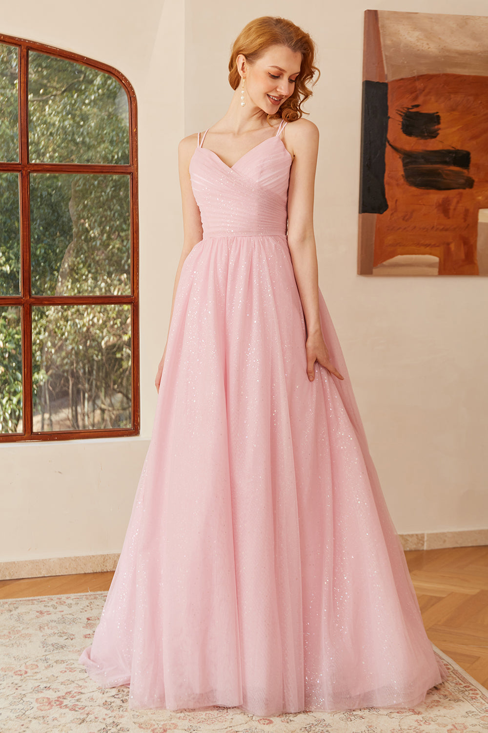 Glitter Pink Lace-Up Ruched Long Prom Dress