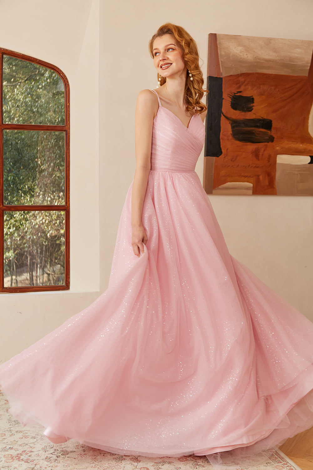 Glitter Pink Lace-Up Ruched Long Prom Dress