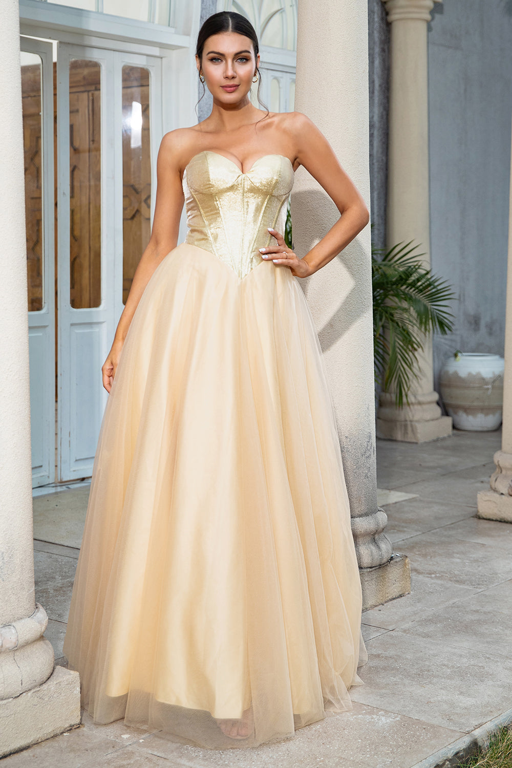 Princess A Line Sweetheart Golden Long Prom Dress