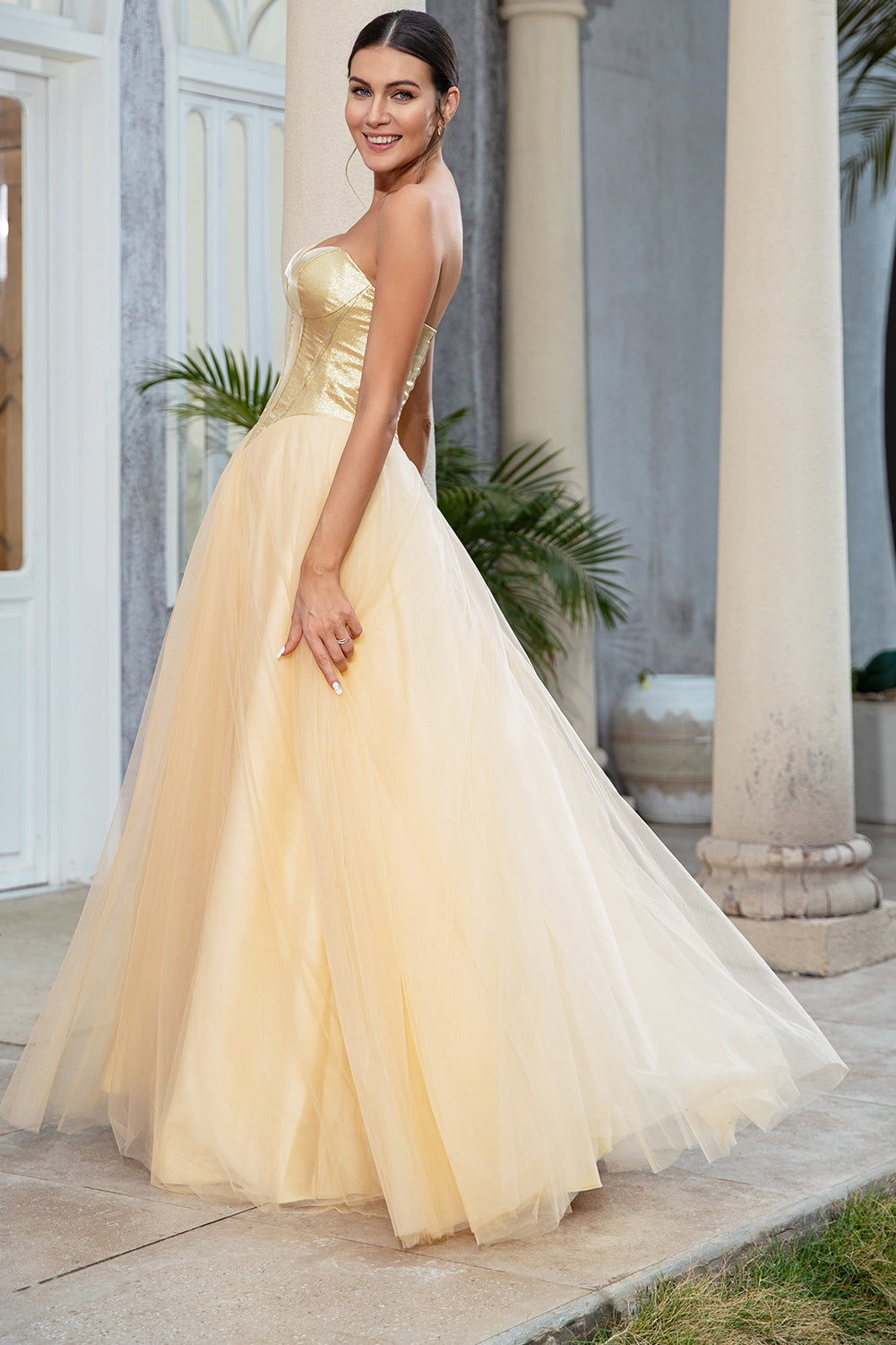 Princess A Line Sweetheart Golden Long Prom Dress