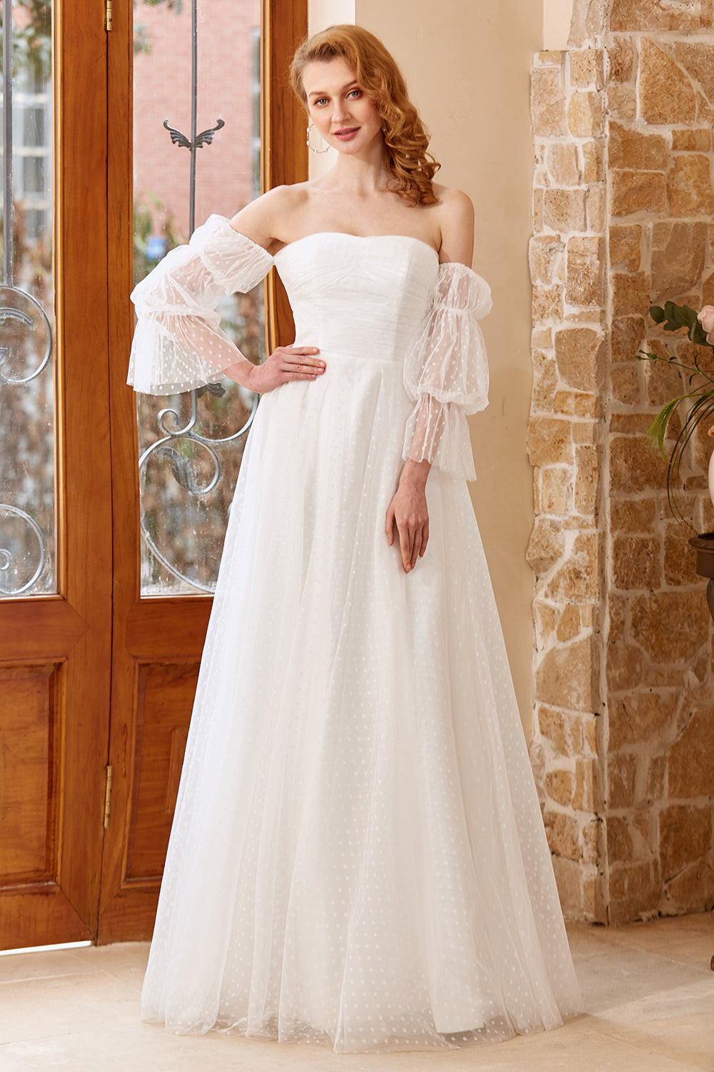 A Line Off the Shoulder White Wedding Dress with Long Sleeves