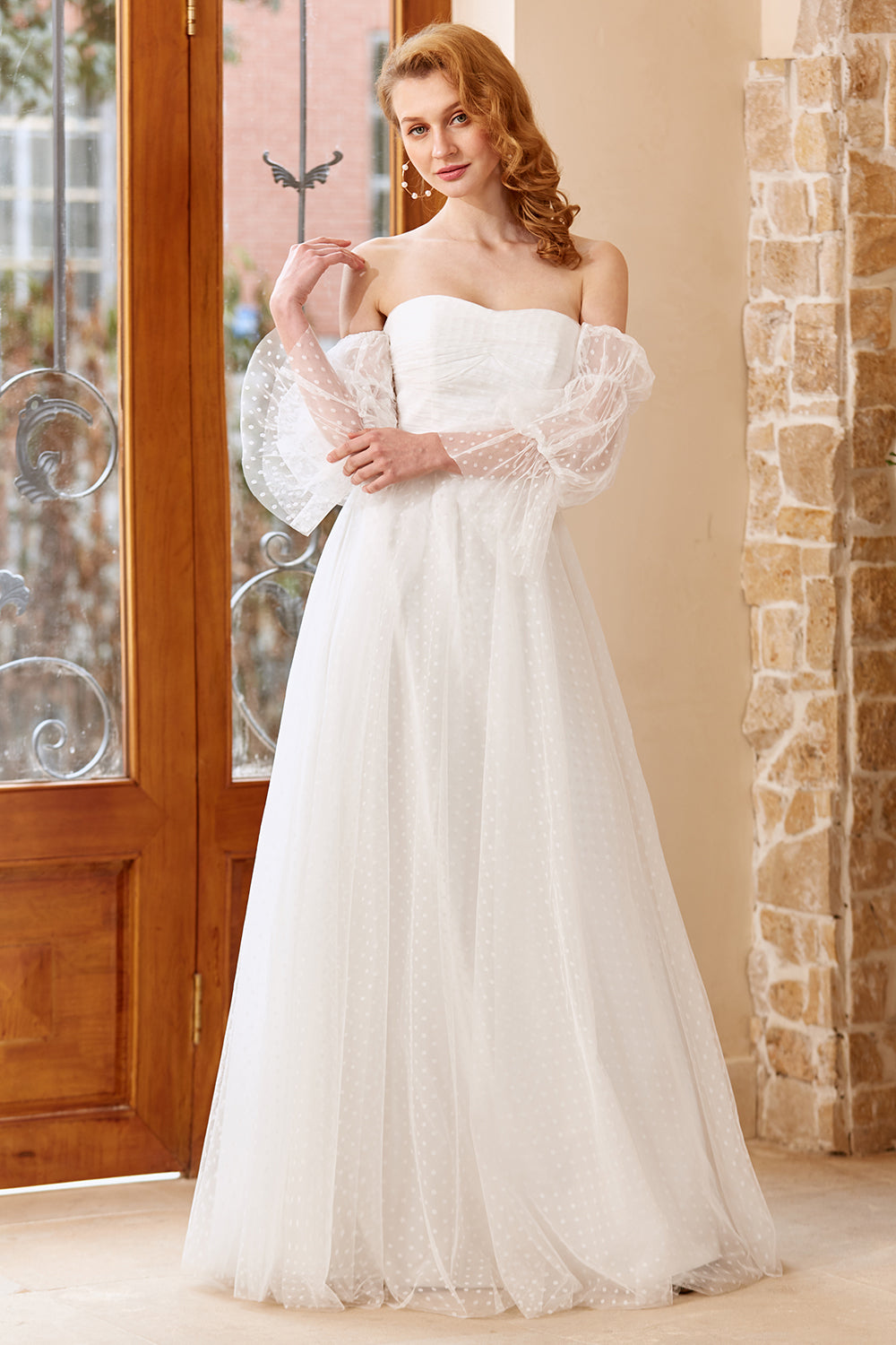 A Line Off the Shoulder White Wedding Dress with Long Sleeves