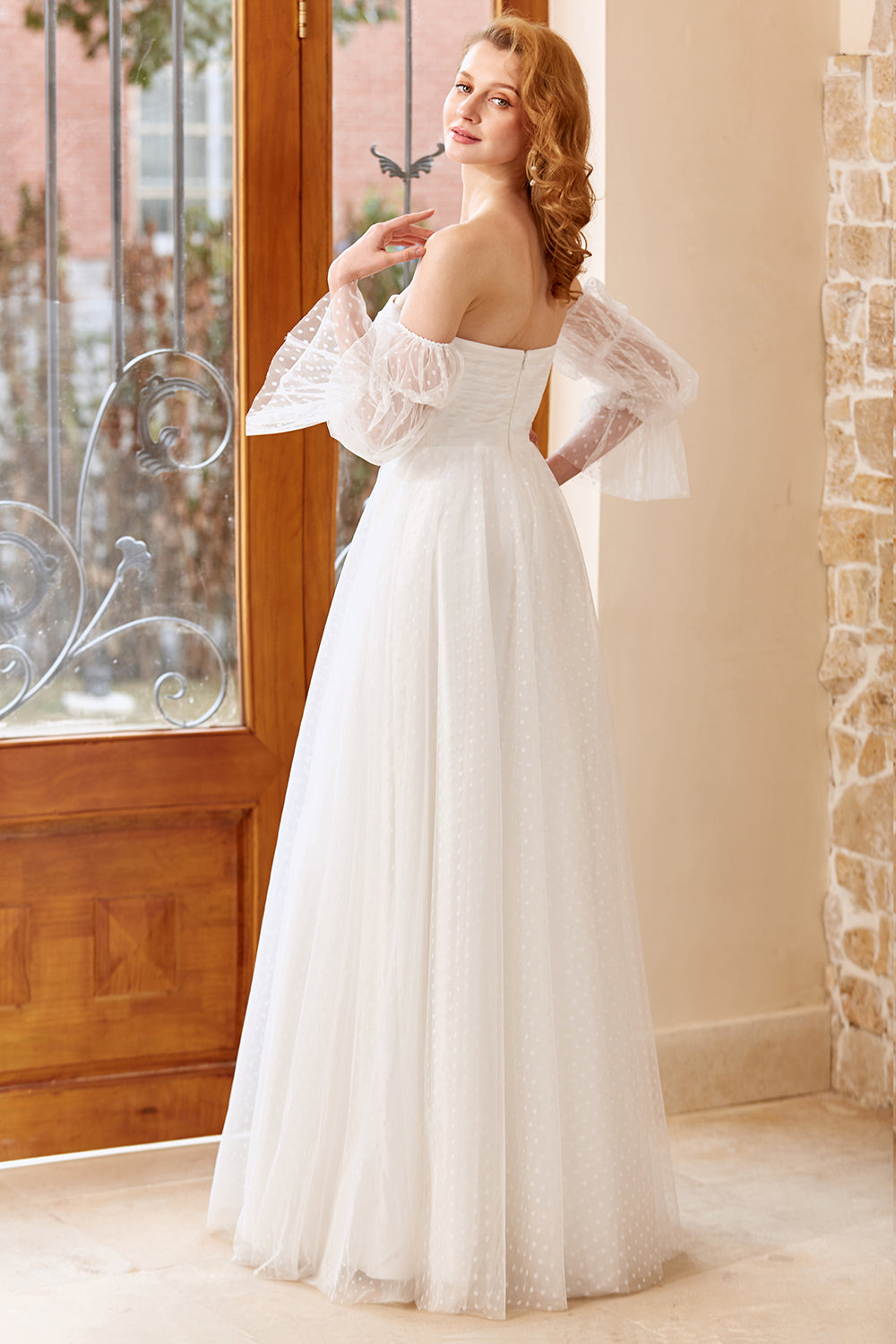 A Line Off the Shoulder White Wedding Dress with Long Sleeves