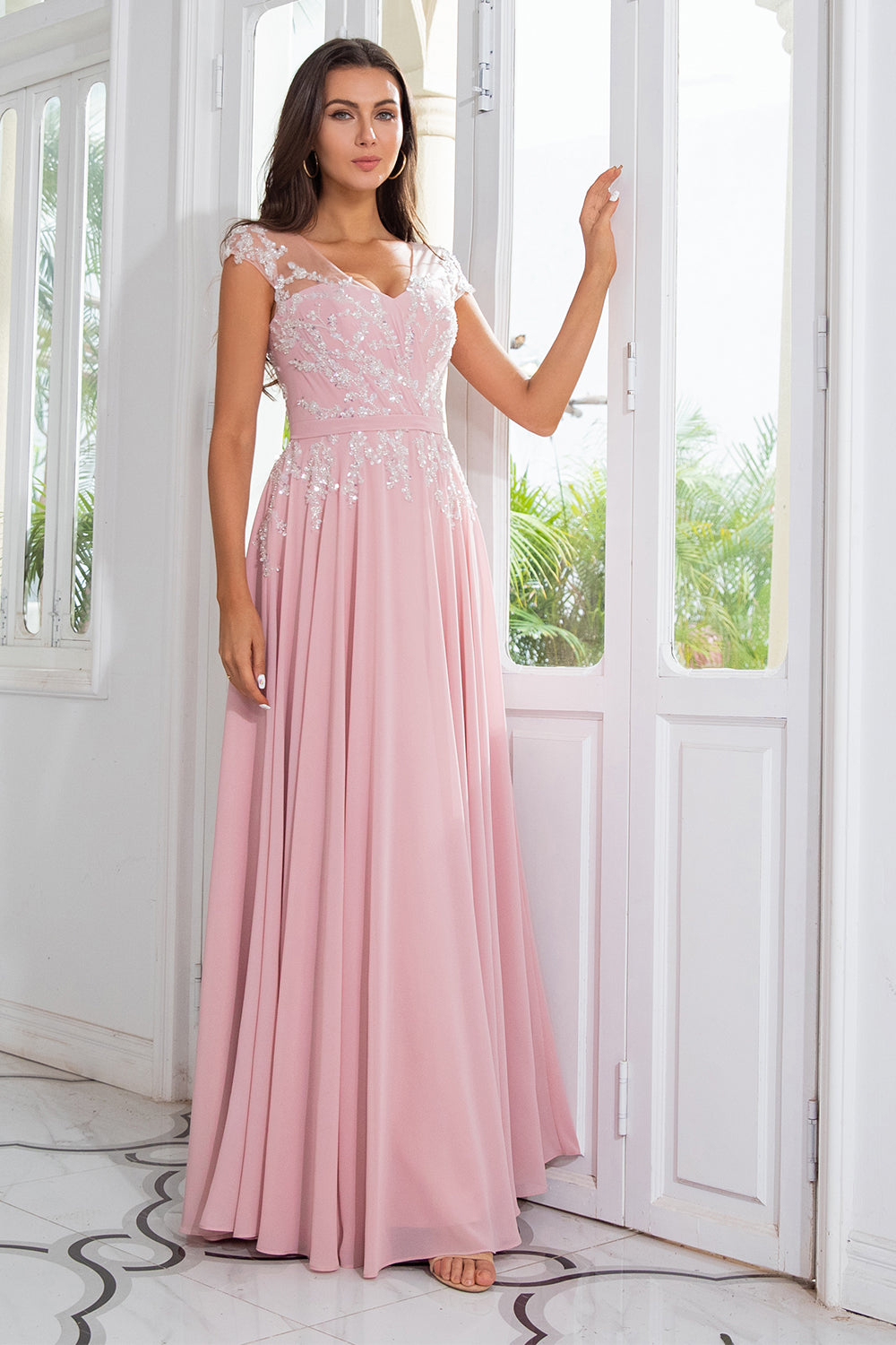 Pink Beaded Chiffon Mother of the Bride Dress