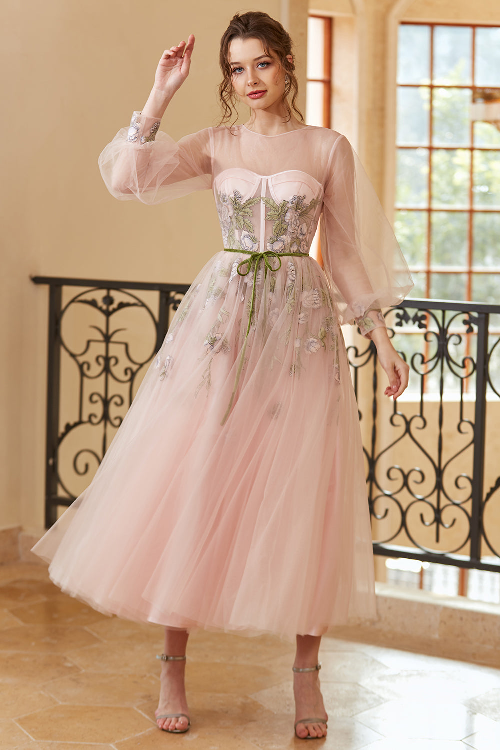 A Line Jewel Light Nude Tea Length Prom Dress with Long Sleeves