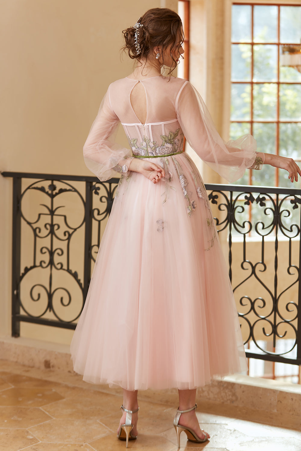 A Line Jewel Light Nude Tea Length Prom Dress with Long Sleeves