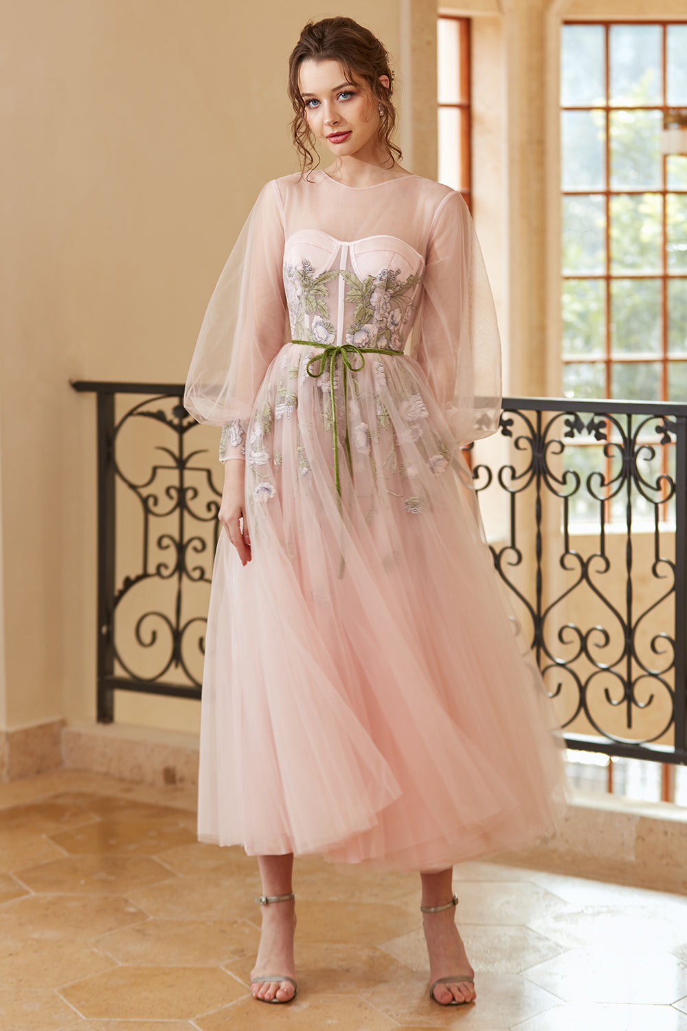 A Line Jewel Light Nude Tea Length Prom Dress with Long Sleeves