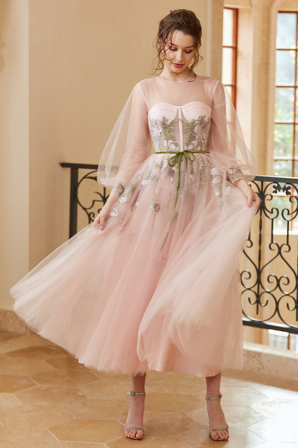 A Line Jewel Light Nude Tea Length Prom Dress with Long Sleeves