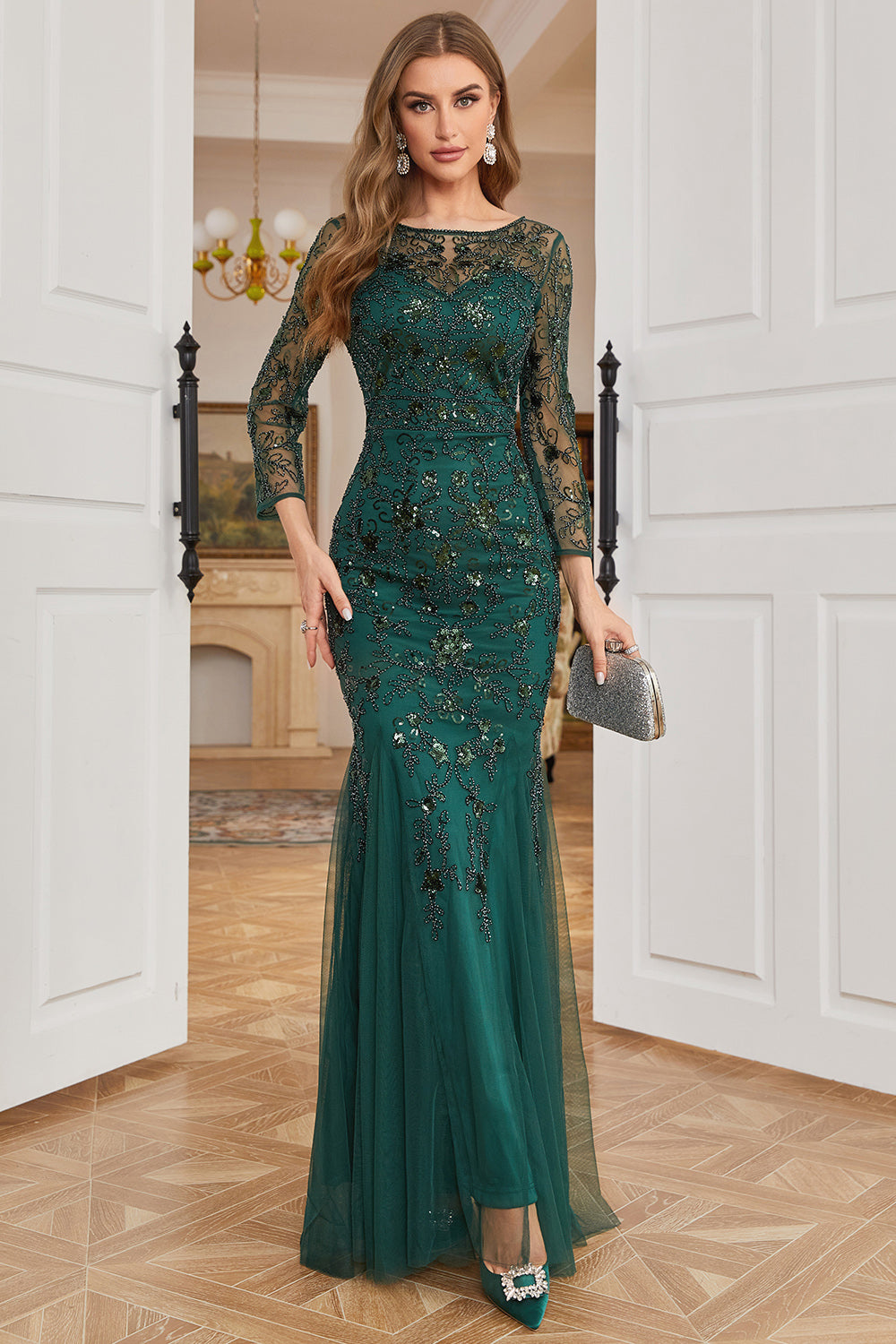 Dark Green Long Sleeves Beading Formal Evening Party Dress