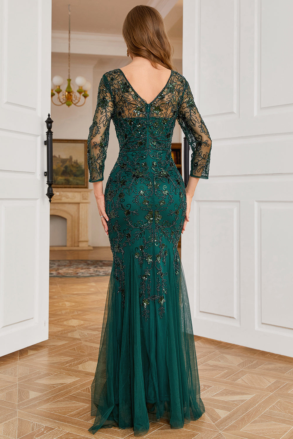 Dark Green Long Sleeves Beading Formal Evening Party Dress