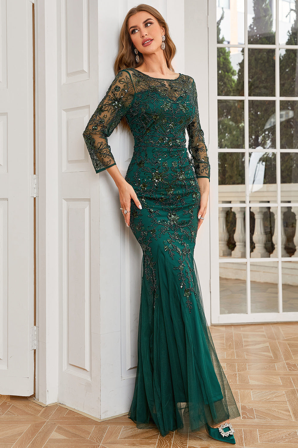 Dark Green Long Sleeves Beading Formal Evening Party Dress