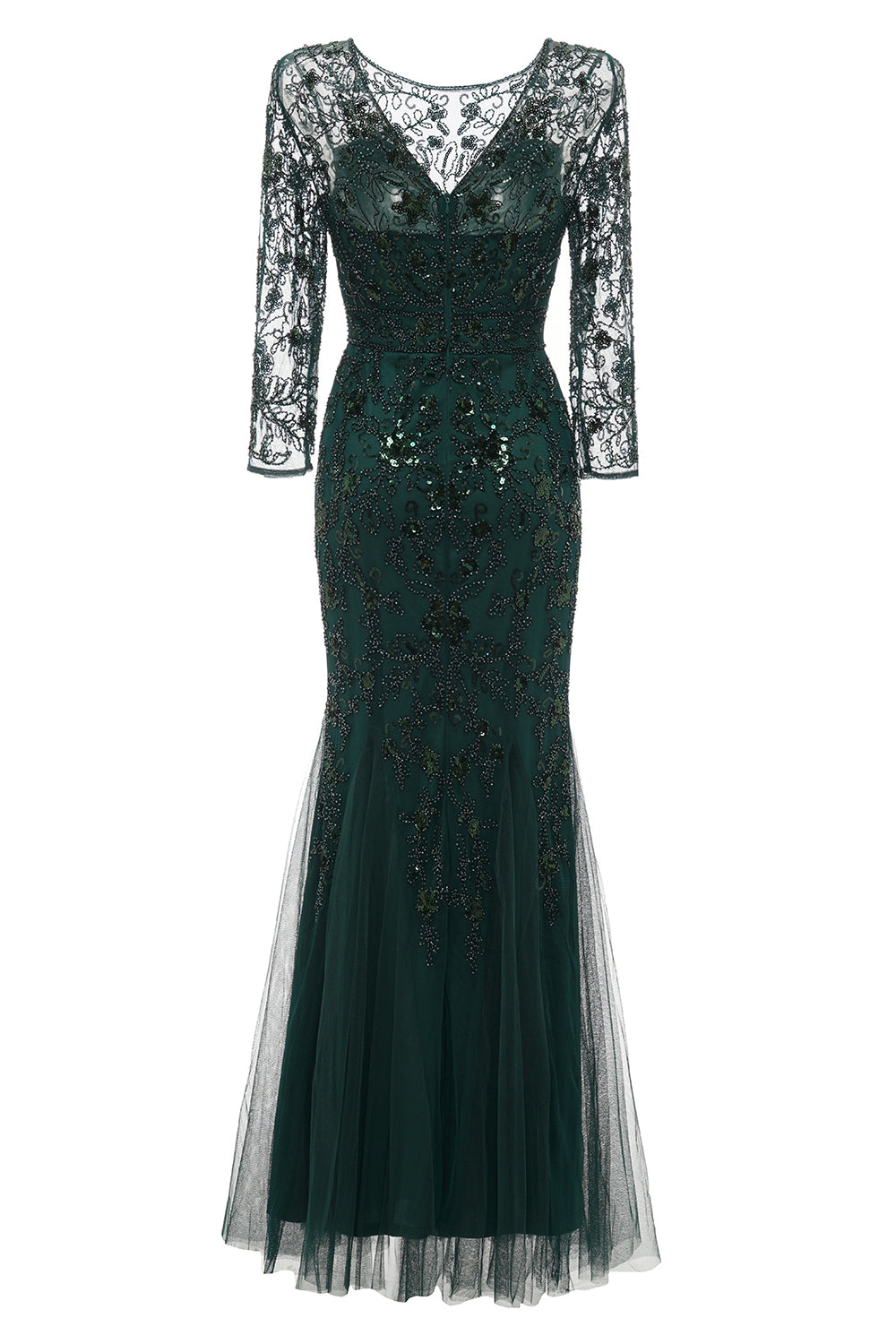 Dark Green Long Sleeves Beading Formal Evening Party Dress