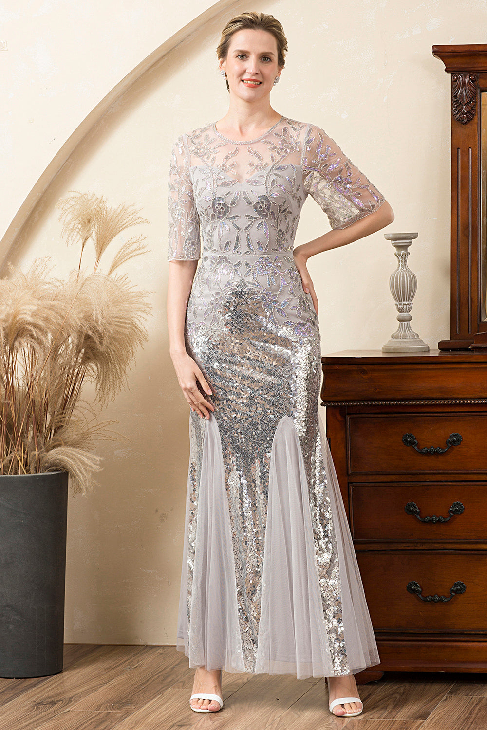 Grey Mermaid Sparkly Beaded Sequins Mother of the Bride Dress