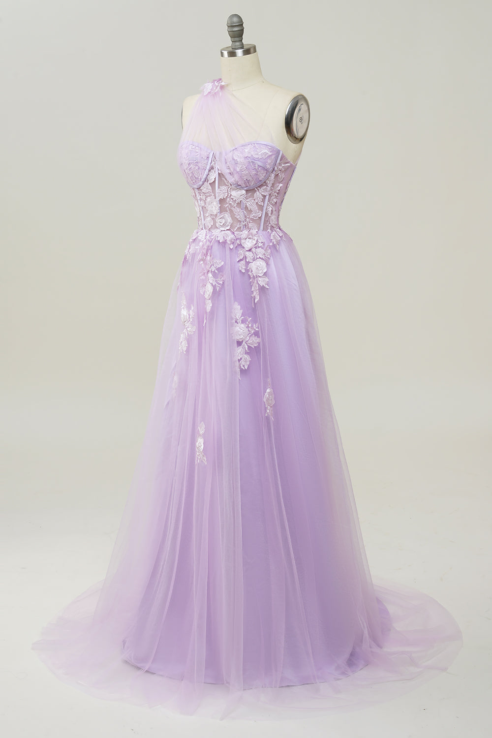 A Line One Shoulder Purple Long Prom Dress with Appliques