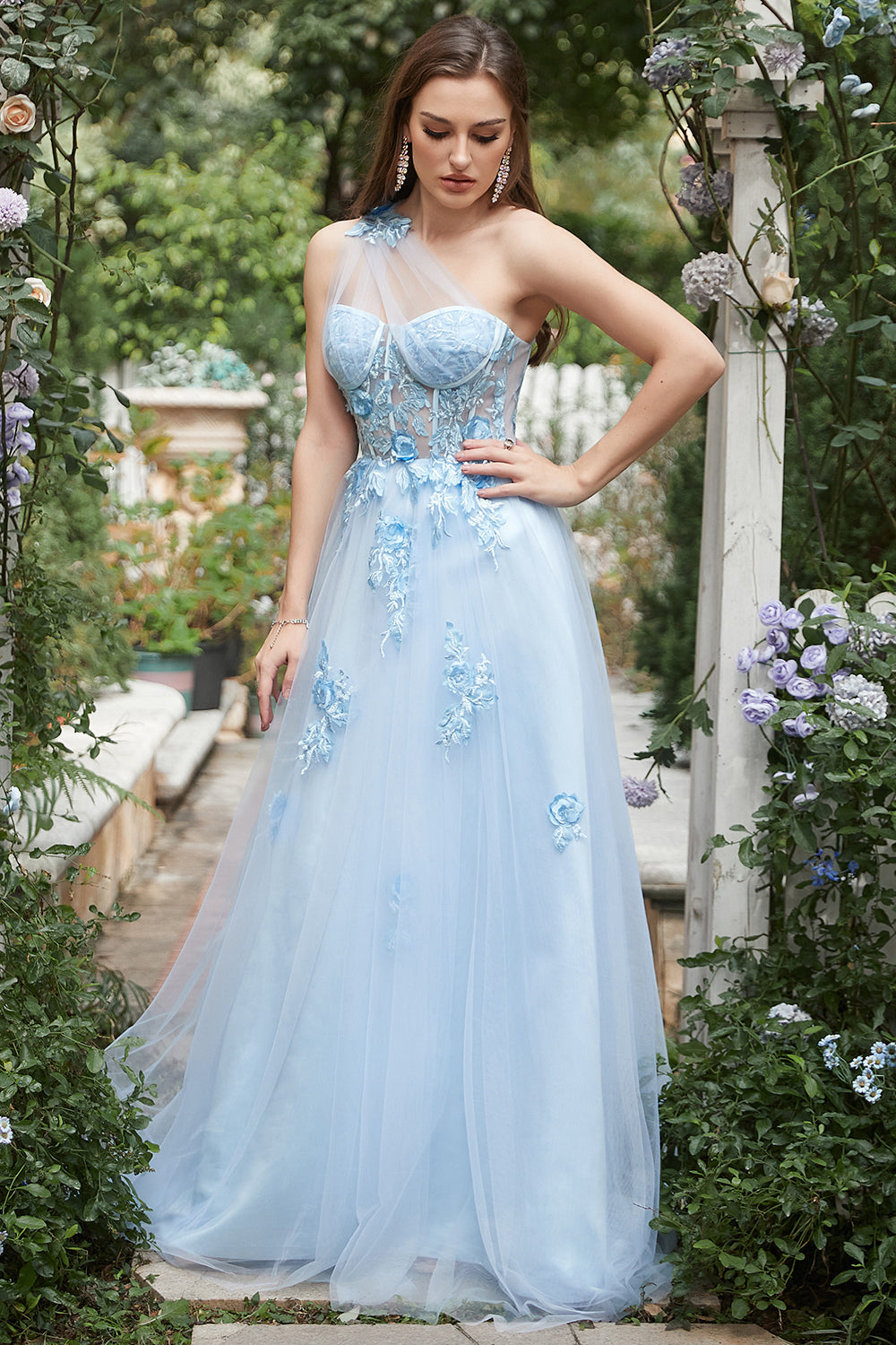 Sky Blue A Line One Shoulder Long Prom Dress with Appliques