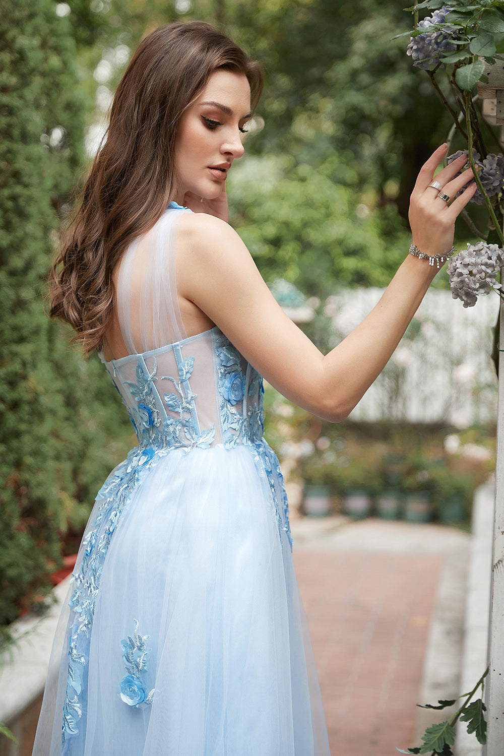 Sky Blue A Line One Shoulder Long Prom Dress with Appliques