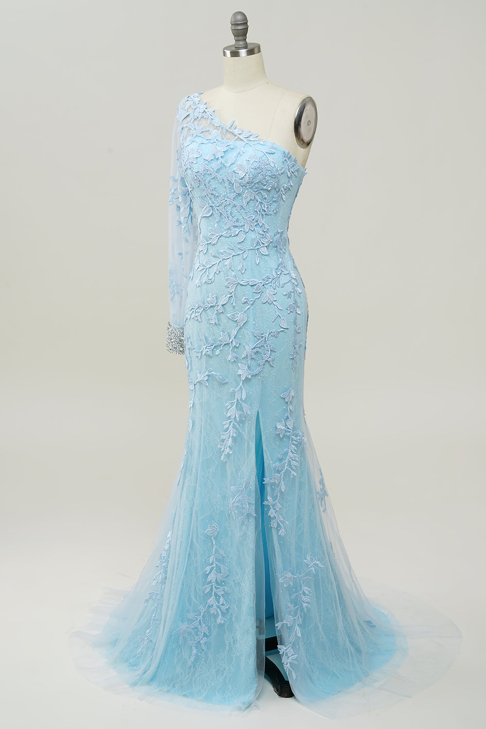 One-Shoulder Sky Blue Mermaid Prom Dress