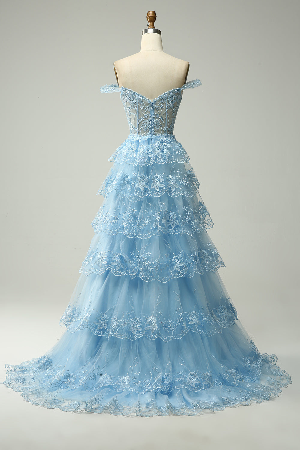 Blue Off The Shoulder Tiered Prom Dress