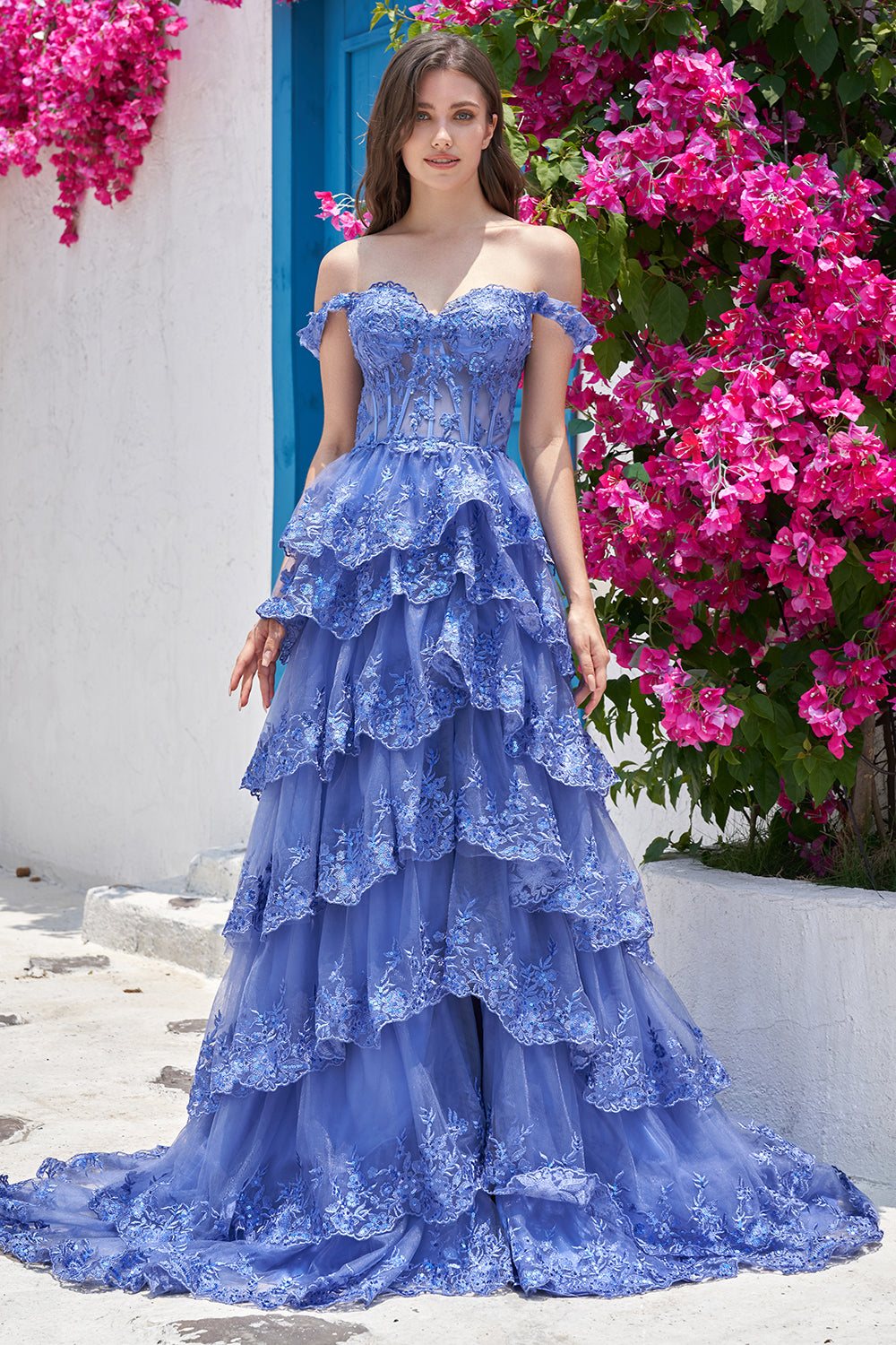 Blue Off The Shoulder Tiered Prom Dress