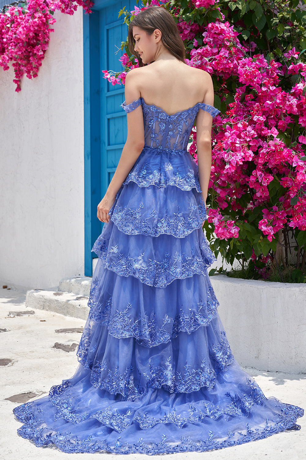 Blue Off The Shoulder Tiered Prom Dress