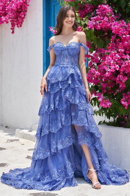 Princess A Line Off the Shoulder Dark Blue Long Prom Dress with Appliques