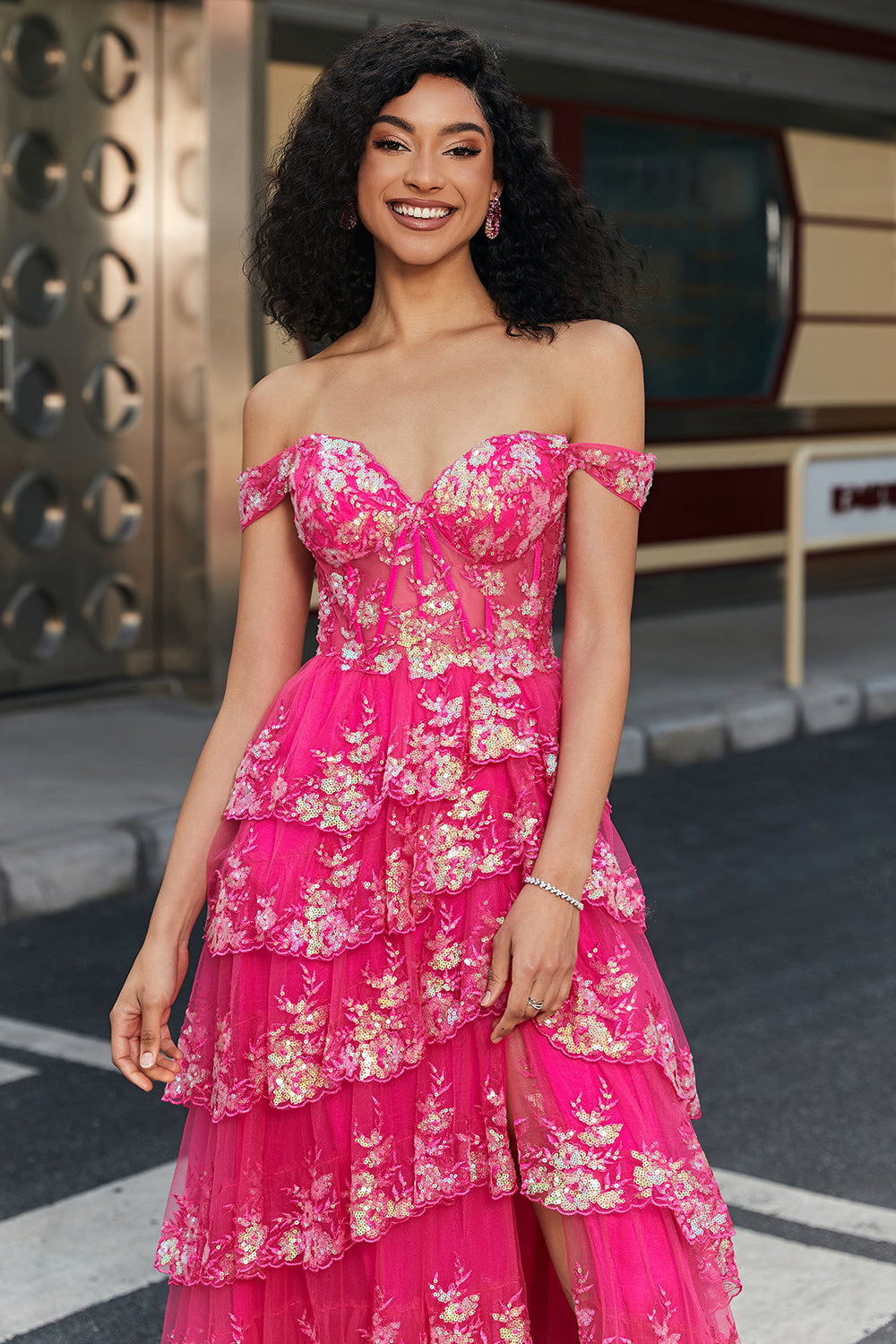 Trendy A Line Off the Shoulder Fuchsia Corset Prom Dress with Split Front