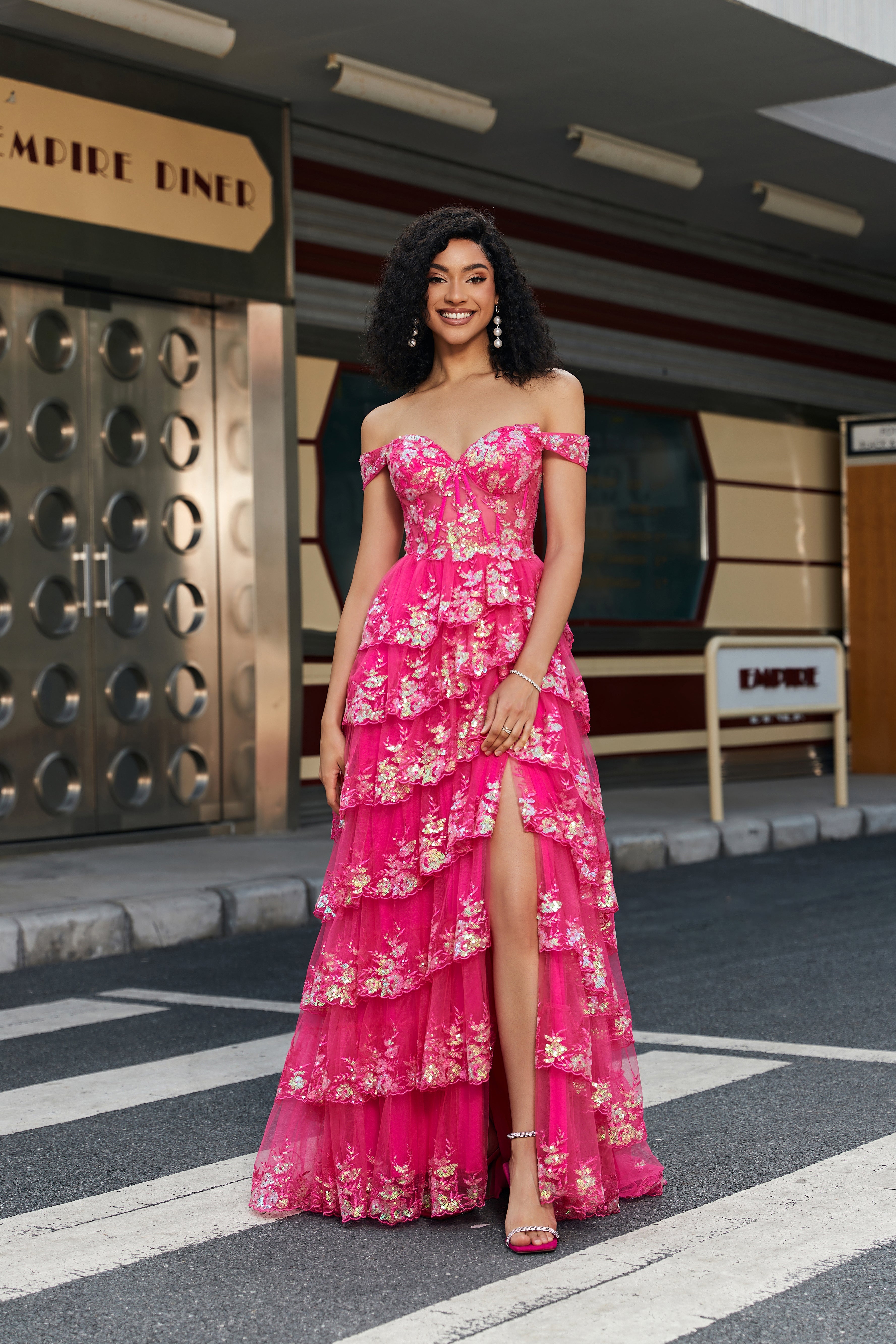 Trendy A Line Off the Shoulder Fuchsia Corset Prom Dress with Split Front