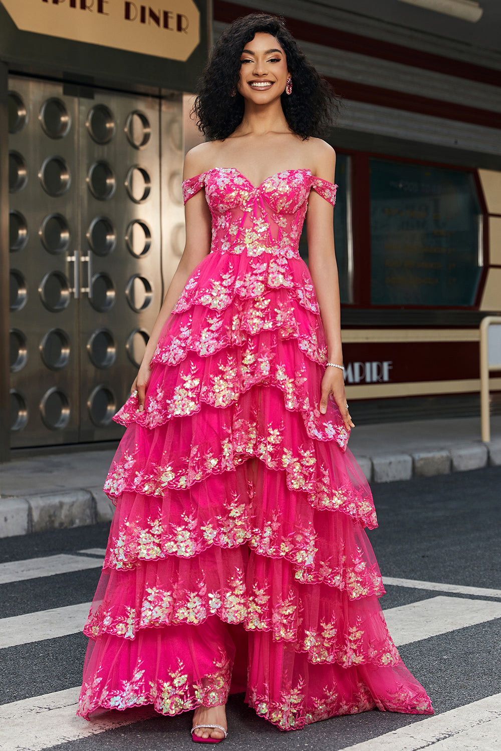 Trendy A Line Off the Shoulder Fuchsia Corset Prom Dress with Split Front