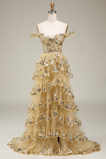 Princess A Line Off The Shoulder Gold Tiered Prom Dress