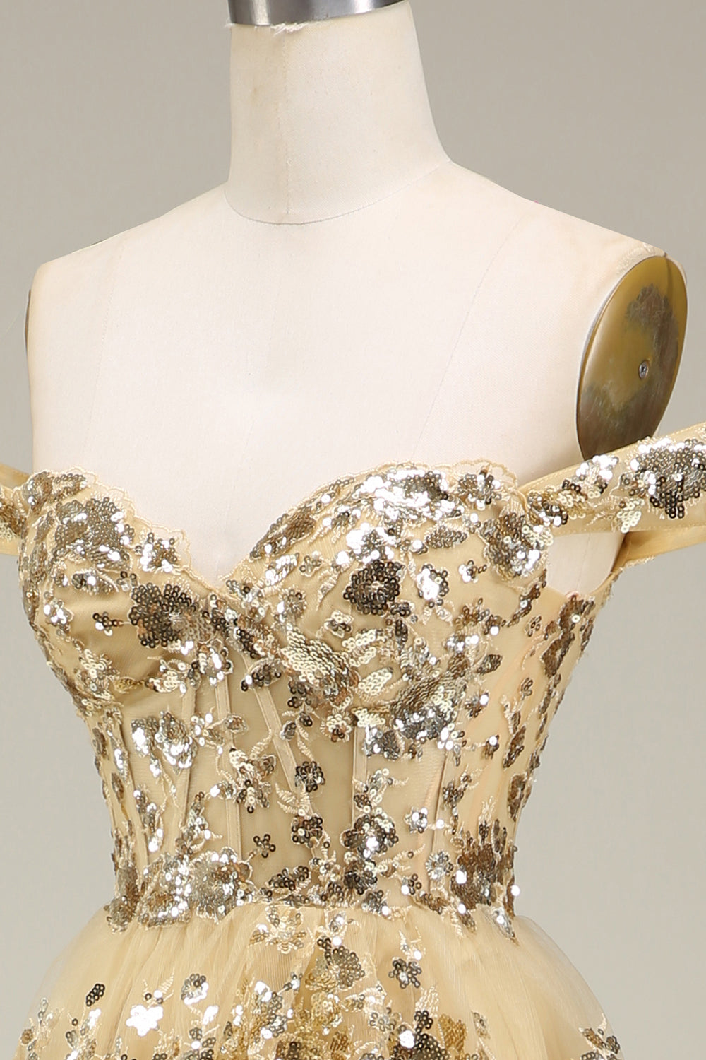 Princess A Line Off The Shoulder Gold Tiered Prom Dress