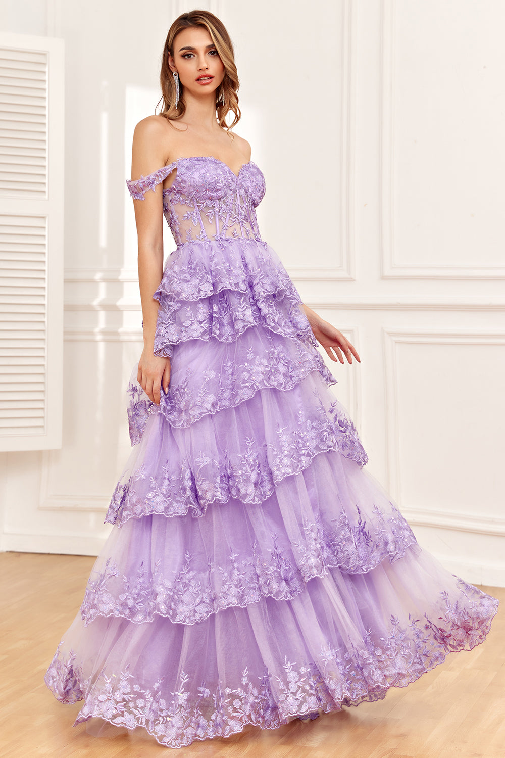 Blue Off The Shoulder Tiered Prom Dress