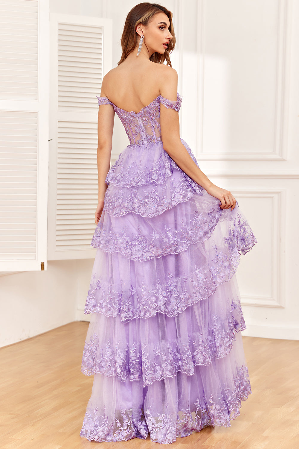 Blue Off The Shoulder Tiered Prom Dress