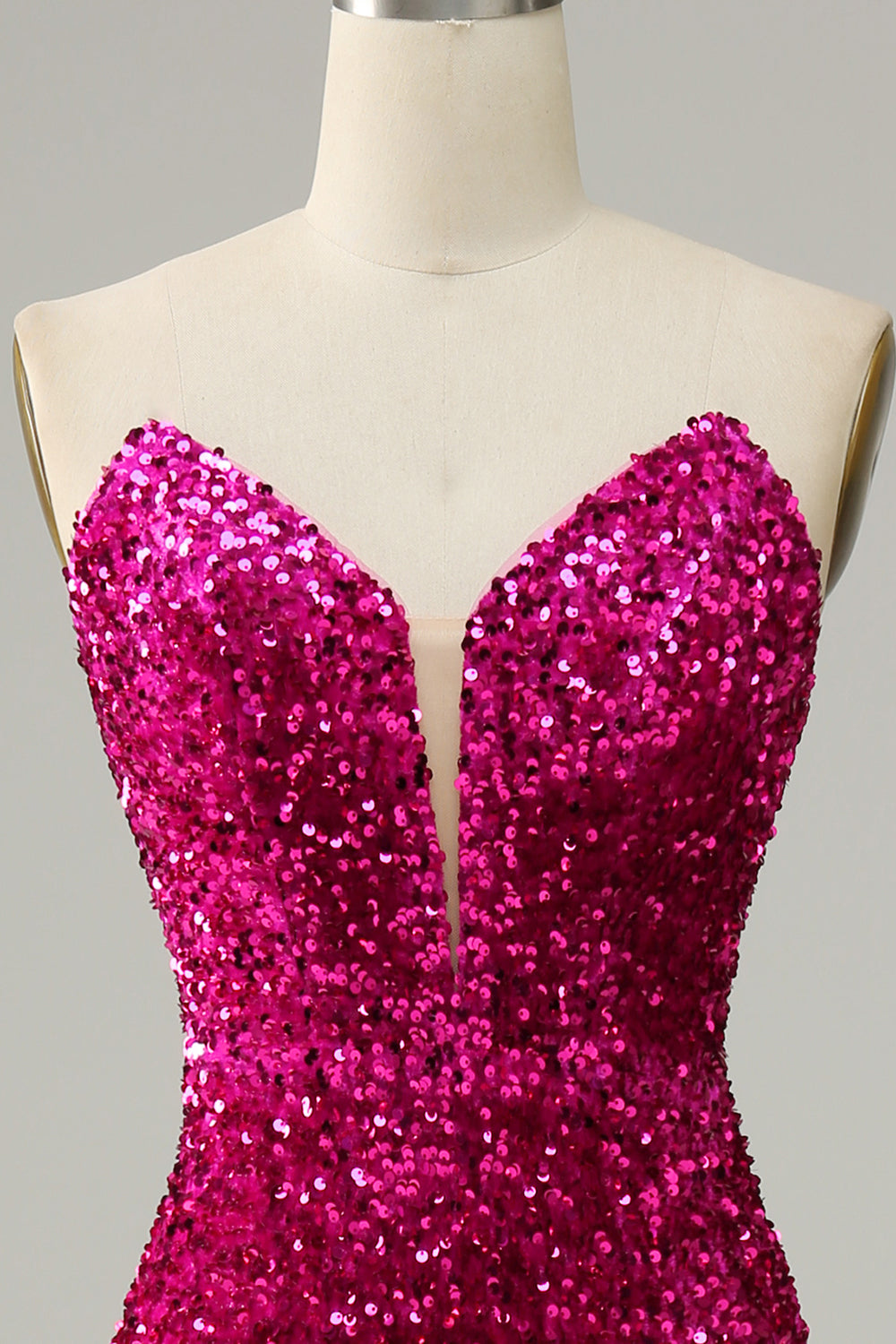 Hot Pink Strapless Sequin Prom Dress with Slit