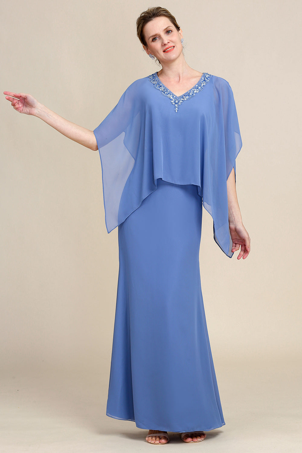 Grey Blue Sparkly Beaded Batwing Sleeves Mother of the Bride Dress