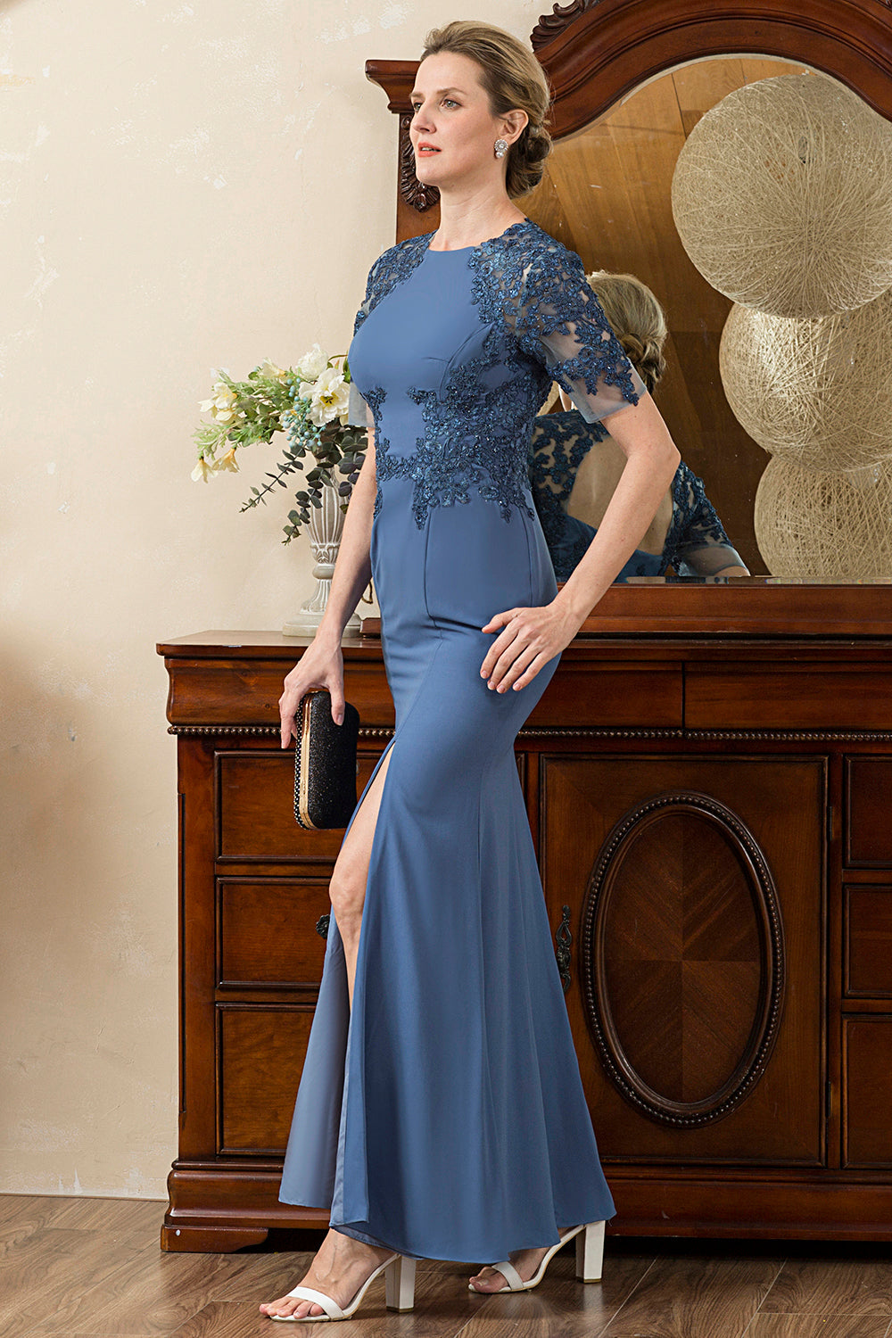 Blue Mermaid Open Back Mother of the Bride Dress with Slit