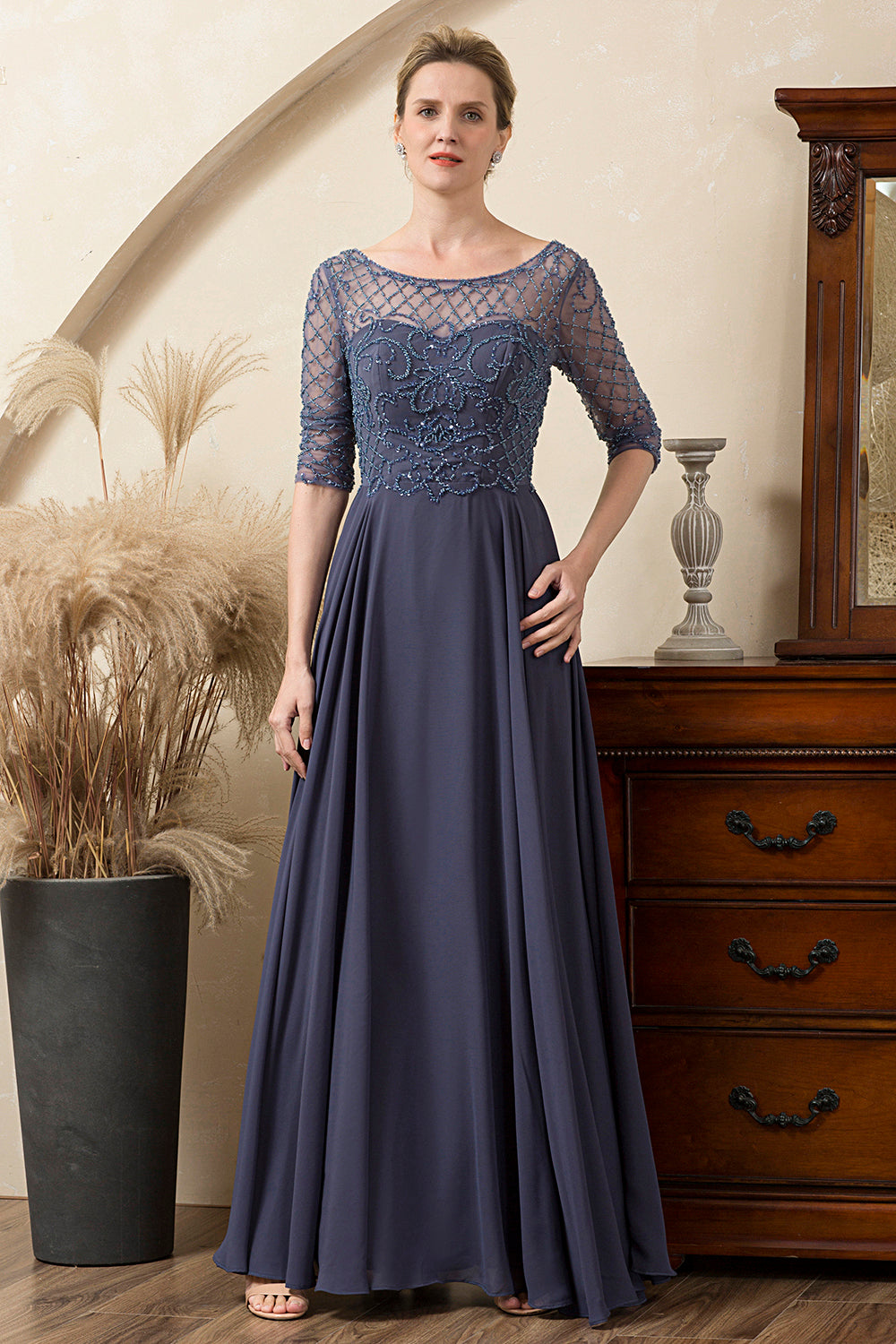 Sparkly Grey Blue Beaded Mother of the Bride Dress